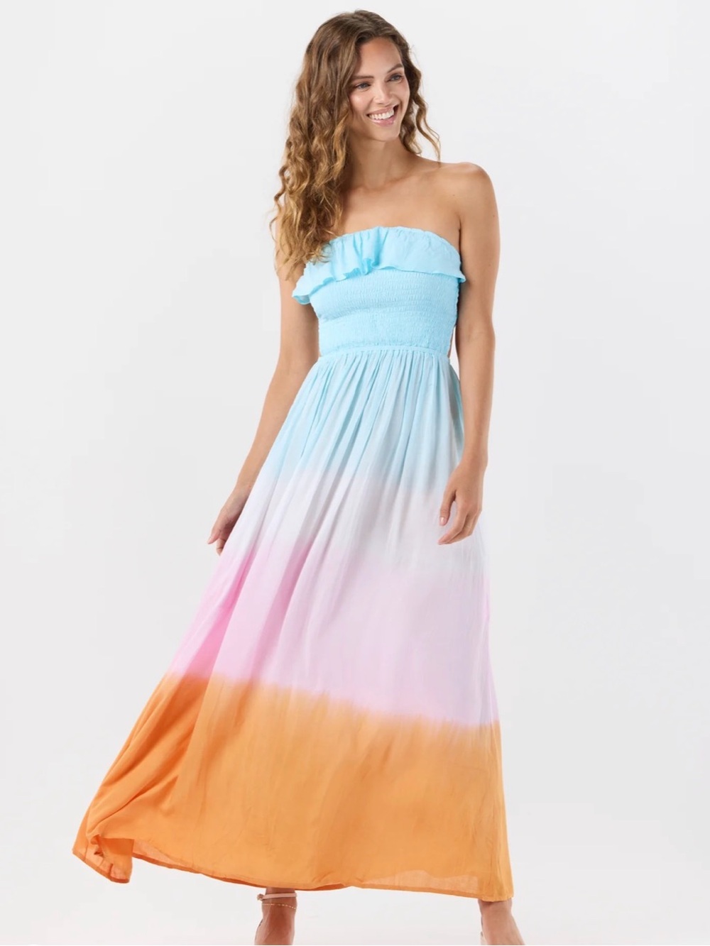 Strapless Ombre Maxi Dress in Light Blue, Pink & Orange